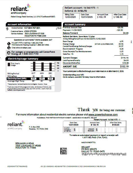 USA Reliant Energy utility bill template in Word and PDF formats, version 2